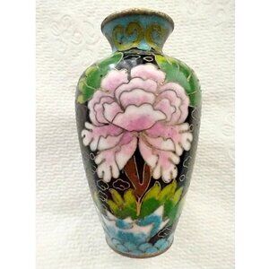 Cloisonne Vase Tiny Vintage Chinese Black Pink Green Blue Floral Design